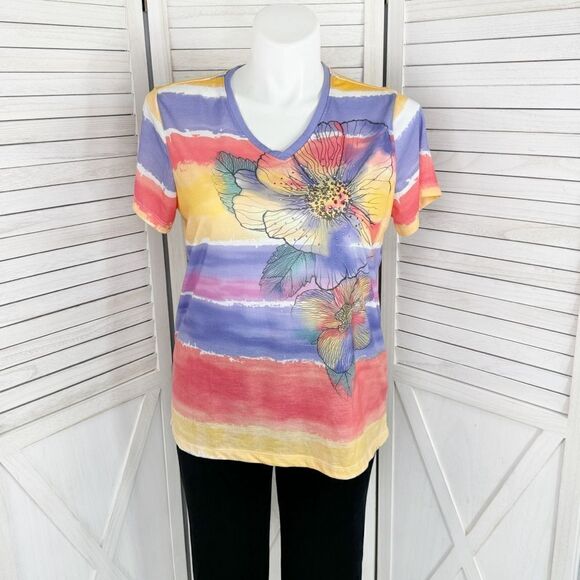 White Stag Ombre Striped Floral Studded Tee Shirt Purple Pink Yellow XXL - Picture 1 of 11